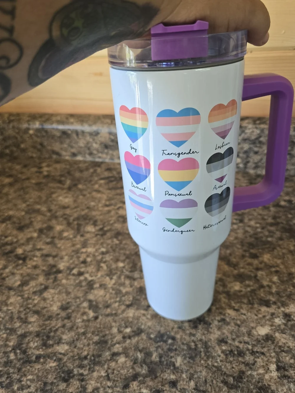 Purple-Handle Pride Heart Travel Tumbler - Rainbow & Transgender Icons